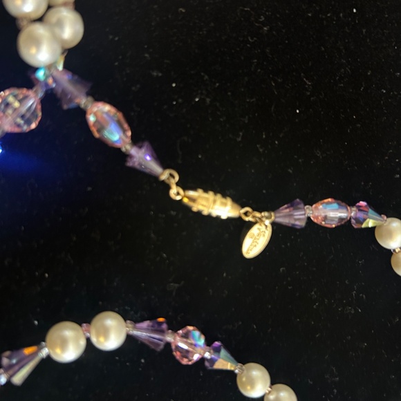Vintage Signed Vendome Cocktail Crystal/Faceted Glass/Faux Pearl Necklace-Long - Picture 8 of 15